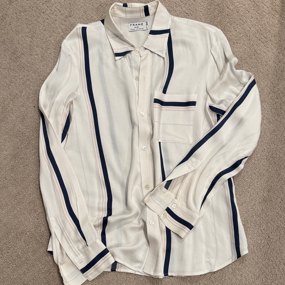 Frame Denim Women’s Ivory and Navy Striped Shirt